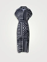 Silk Crepe Midi Dress Lines Print