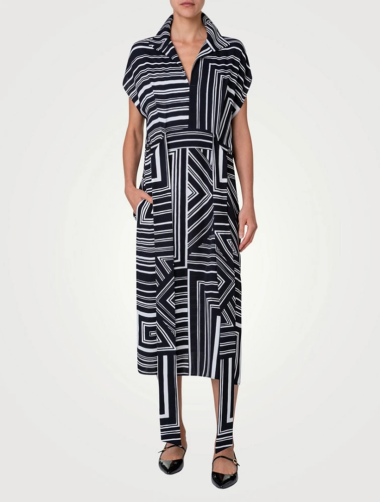 Silk Crepe Midi Dress Lines Print
