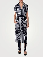 Silk Crepe Midi Dress Lines Print