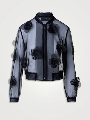 Poppy-Appliqué Organza Bomber Jacket