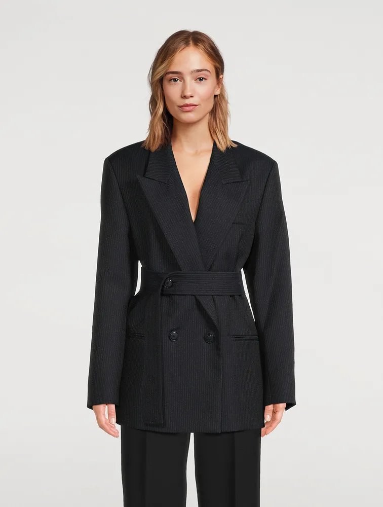 Double-Breasted Belted Wool Blazer Pinstripe Print