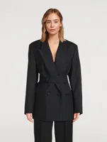 Double-Breasted Belted Wool Blazer Pinstripe Print