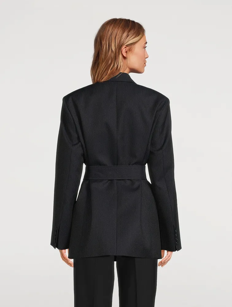 Double-Breasted Belted Wool Blazer Pinstripe Print