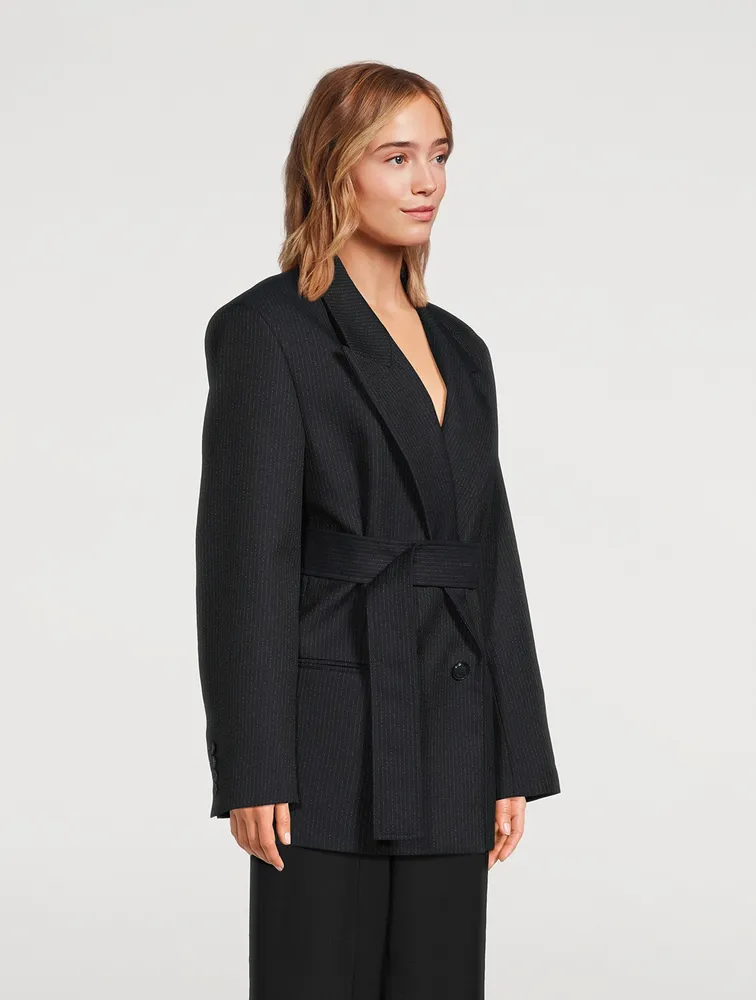 Double-Breasted Belted Wool Blazer Pinstripe Print