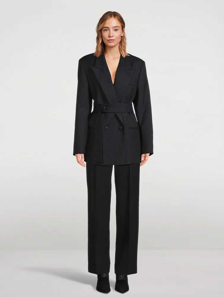 Double-Breasted Belted Wool Blazer Pinstripe Print