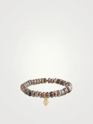 Labradorite Beaded Bracelet With Gold And Diamond Hasma Charm