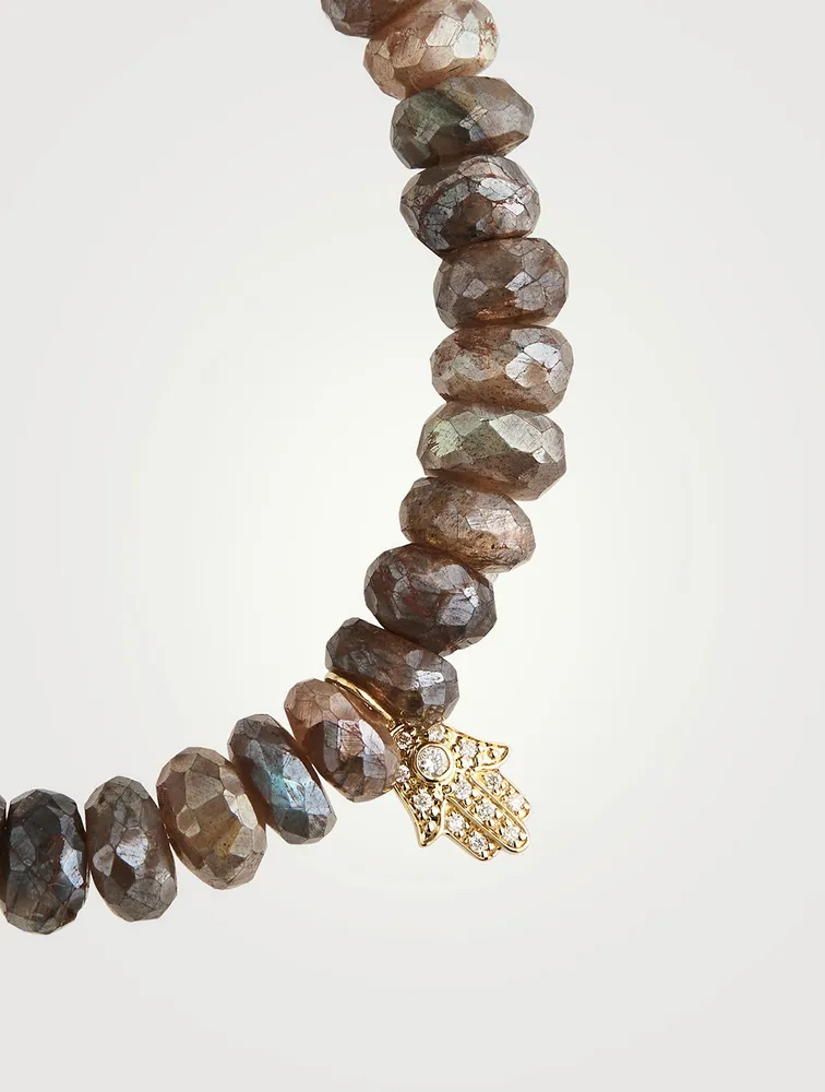 Labradorite Beaded Bracelet With Gold And Diamond Hasma Charm