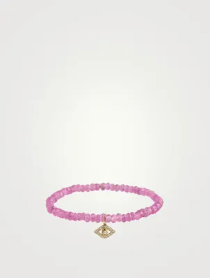 Pink Sapphire Beaded Bracelet With Gold And Diamond And Pearl Evil Eye Charm