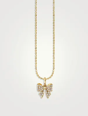 Gold Bow Icon Pendant Necklace With Diamonds