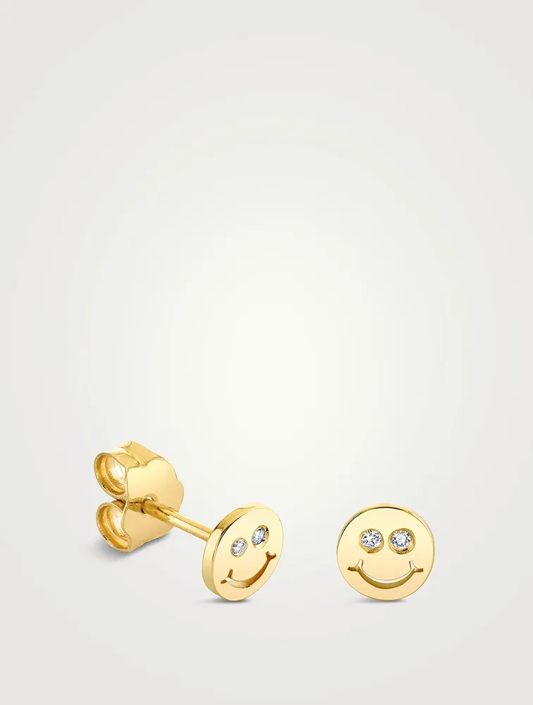 Tiny Gold Happy Face Stud Earring With Diamonds