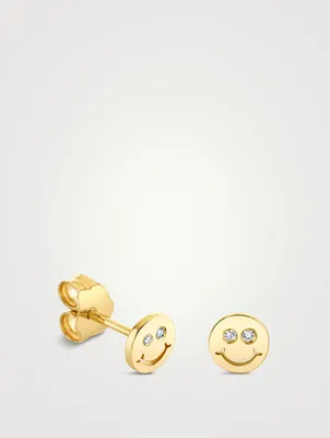 Tiny Gold Happy Face Stud Earring With Diamonds