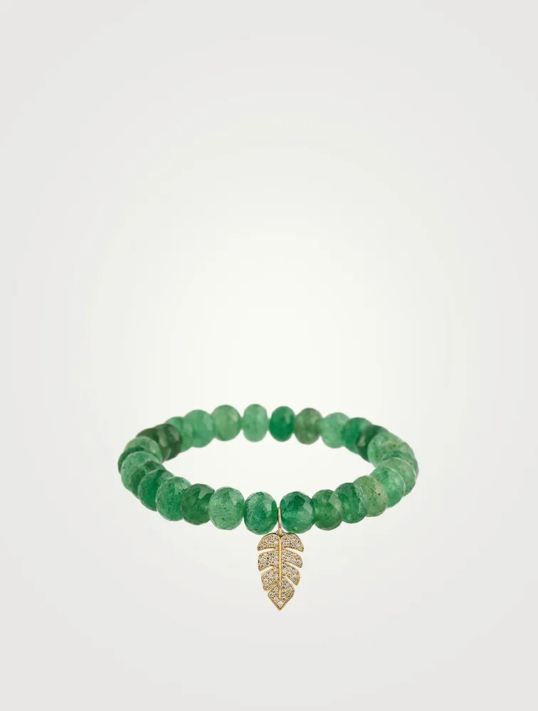 Green Quartz Beaded Bracelet With Gold And Diamond Leaf Charm