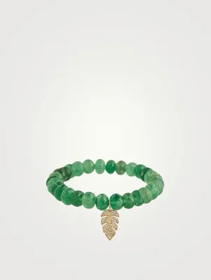 Green Quartz Beaded Bracelet With Gold And Diamond Leaf Charm