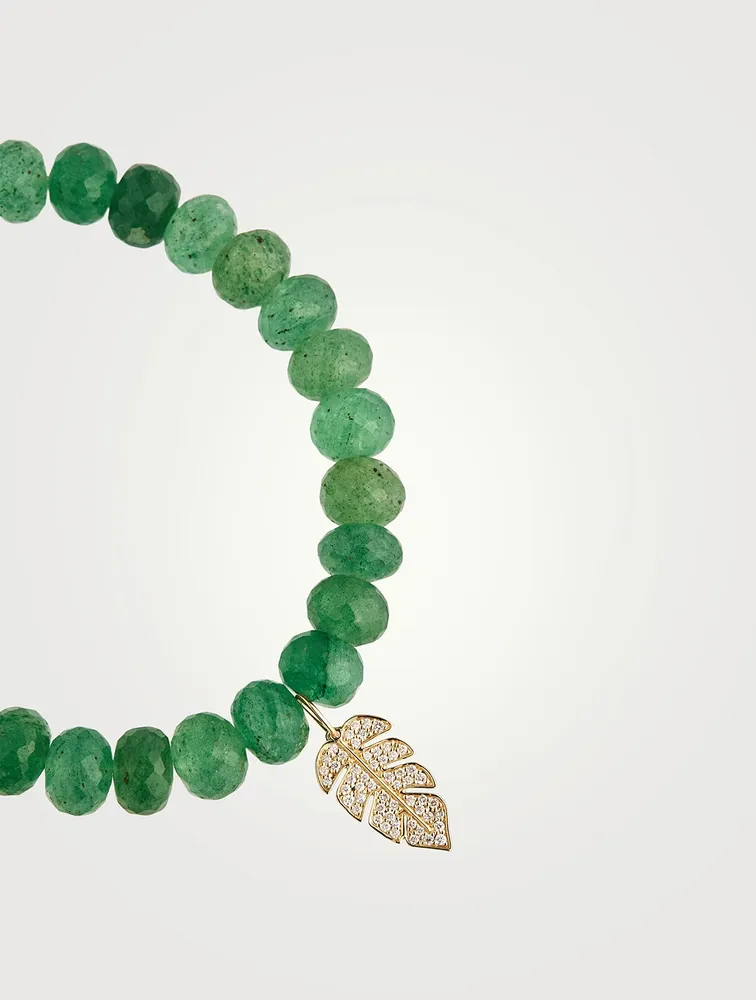 Green Quartz Beaded Bracelet With Gold And Diamond Leaf Charm