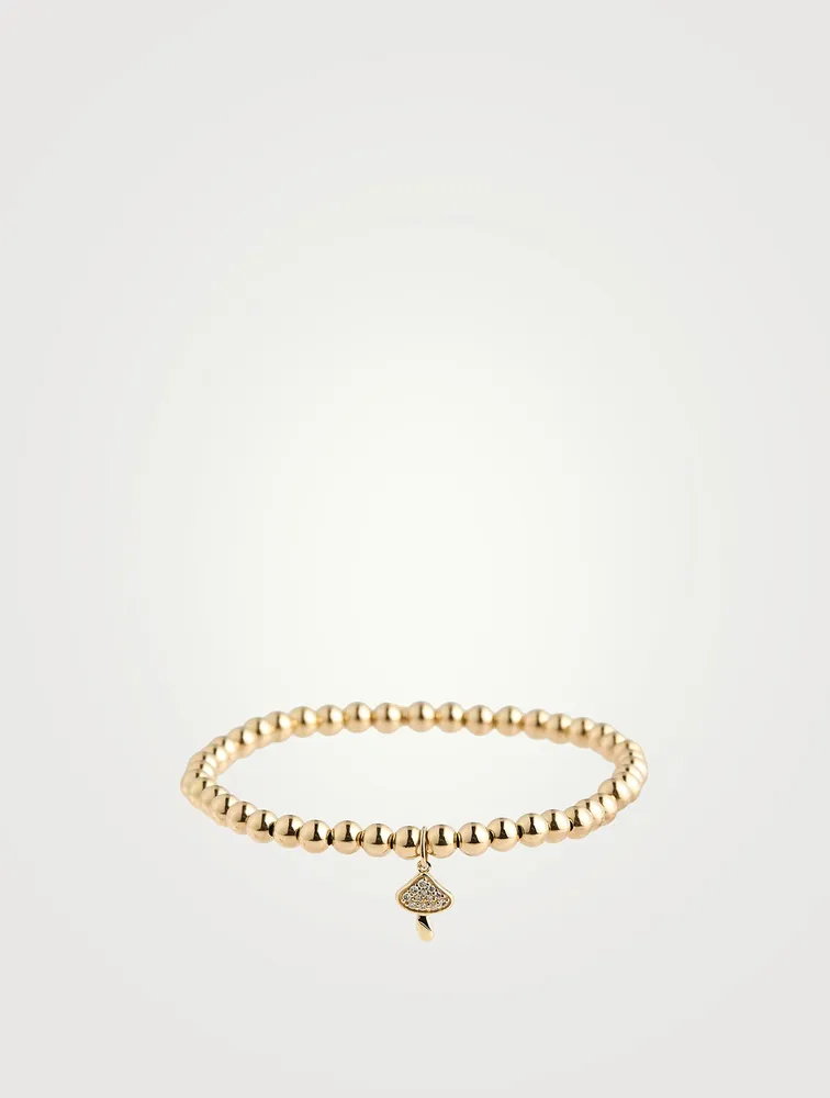 Gold Beaded Bracelet With Gold Diamond Mushroom Charm