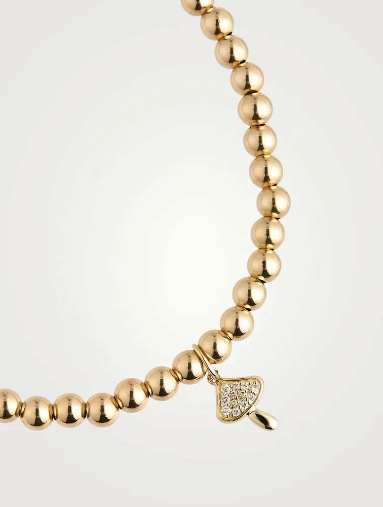 Gold Beaded Bracelet With Gold Diamond Mushroom Charm