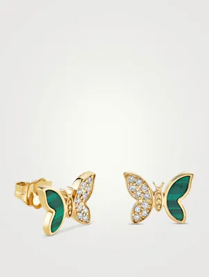Gold Butterfly Stud Earring With Malachite And Diamonds