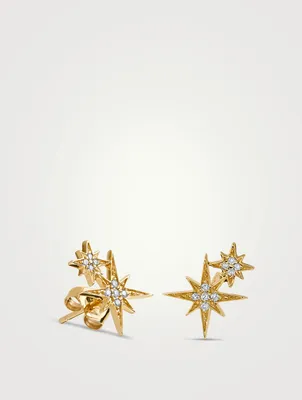 Gold Double Starburst Stud Earring With Diamonds