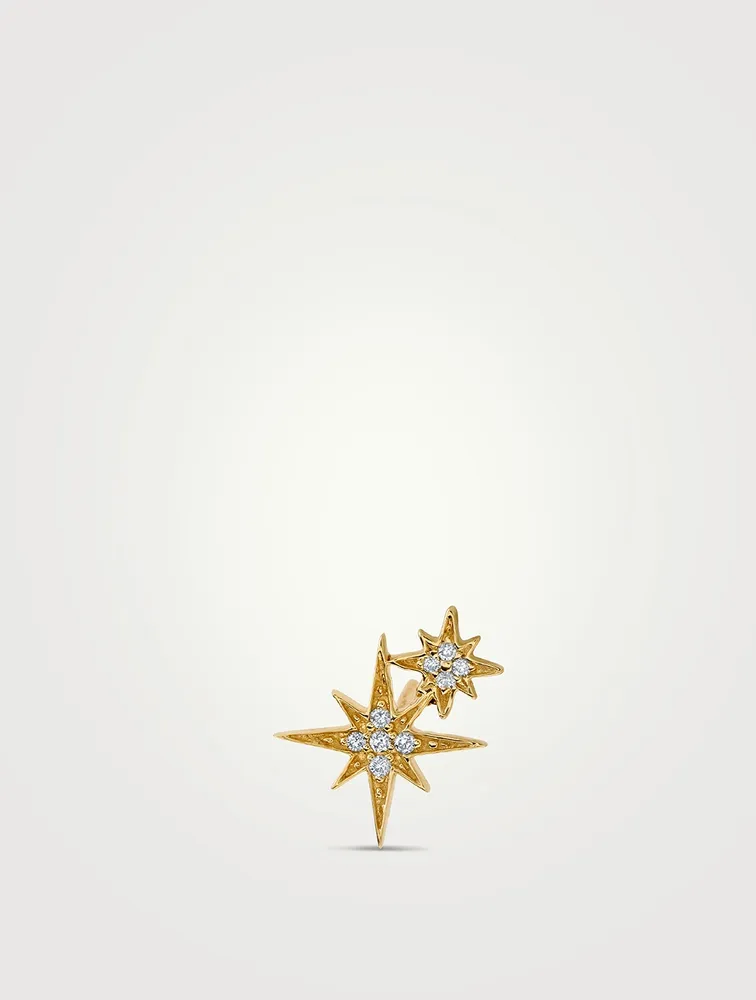 Gold Double Starburst Stud Earring With Diamonds