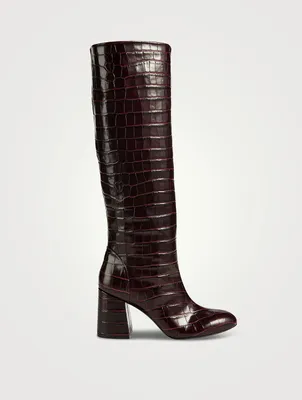 Flareblock Croc-Embossed Leather Knee-High Boots