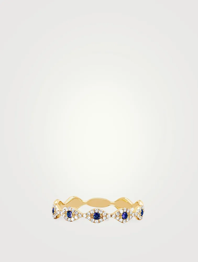 14K Gold Evil Eye Stacking Ring With Blue Sapphire And Diamonds