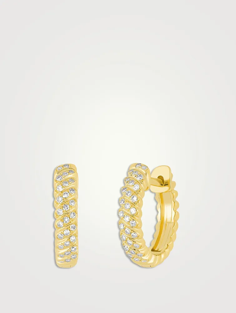 14K Gold Twist Huggie Hoop Earrings With Diamonds