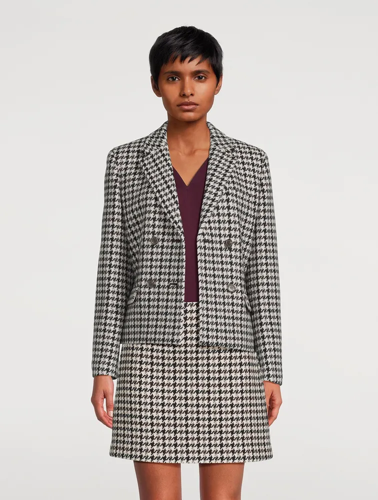 Double-Breasted Wool Blazer Houndstooth Print