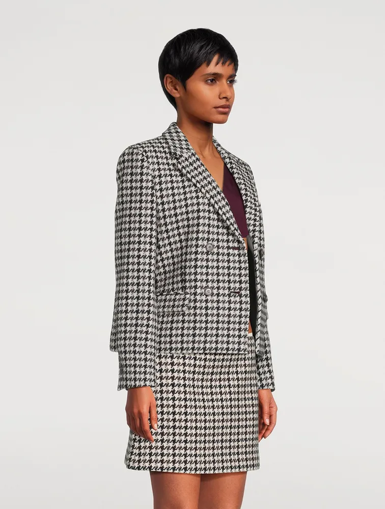 Double-Breasted Wool Blazer Houndstooth Print