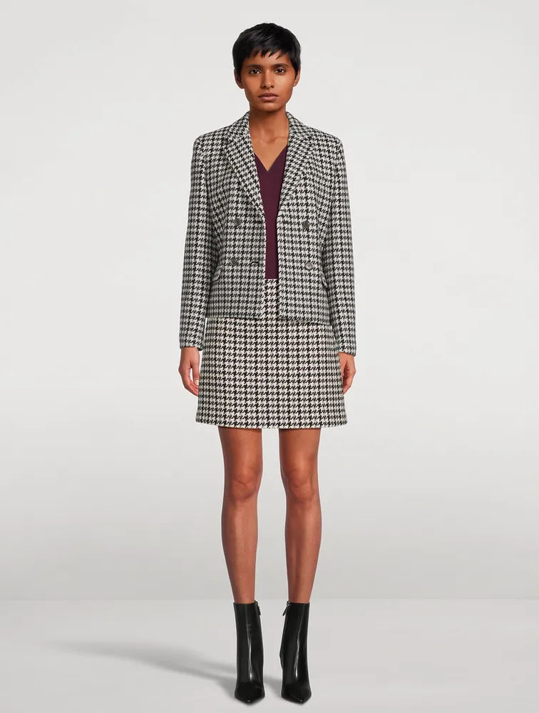 Double-Breasted Wool Blazer Houndstooth Print
