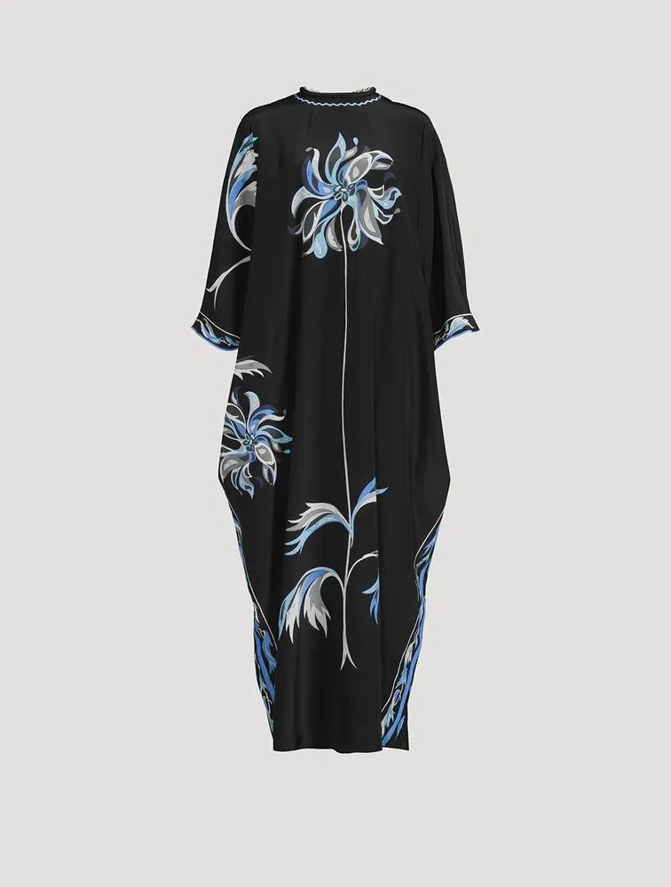 Silk Crepe de Chine Caftan In Dahlia Print