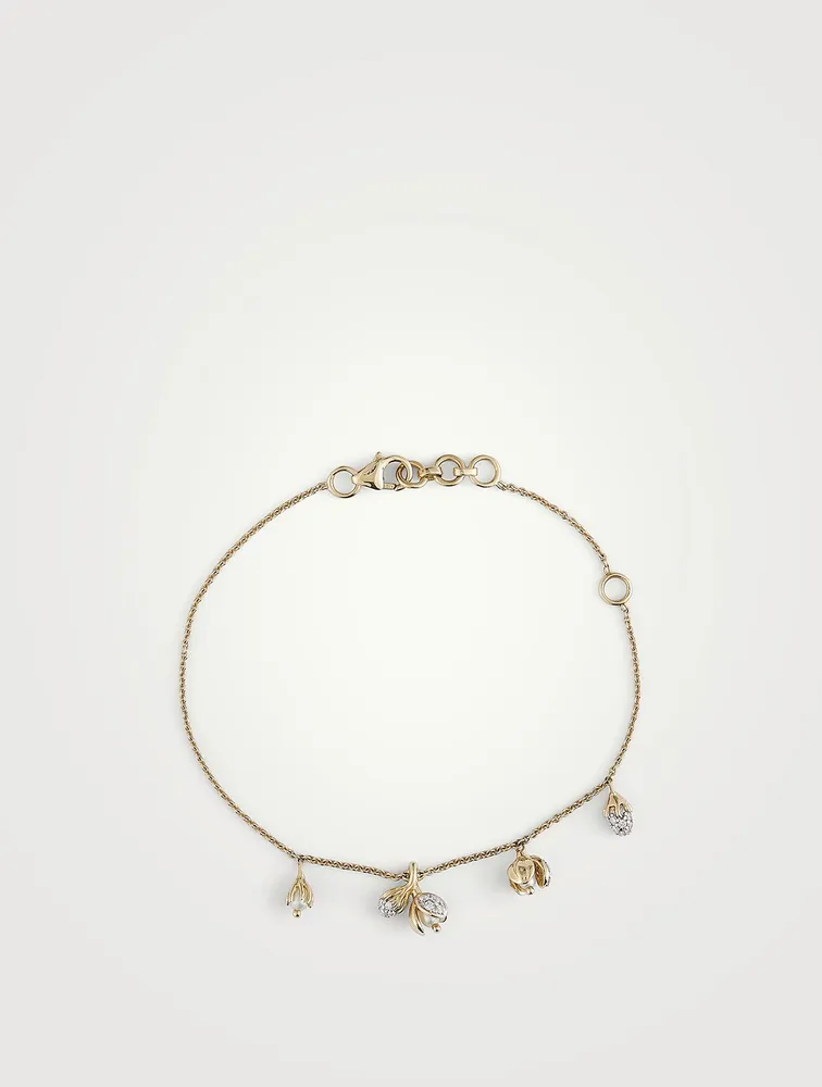 Gold Flower Drop Chain Bracelet With Gems