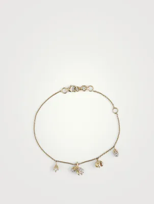 Gold Flower Drop Chain Bracelet With Gems