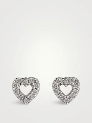 White Gold Heart Stud Earrings With Gems