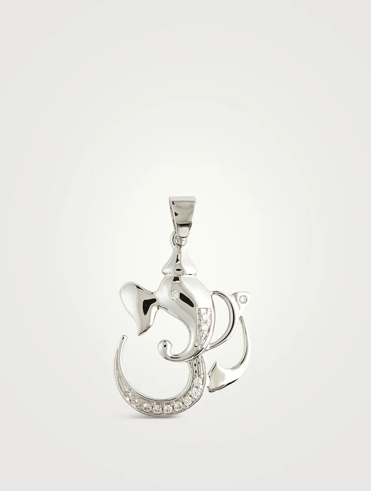 White Gold Ganesh Om Charm With Gems