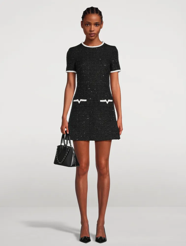 Embroidered Glaze Tweed Short-Sleeve Mini Dress