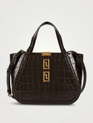 Small Greca Goddess Croc-Embossed Leather Tote Bag