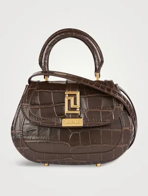 Mini Greca Goddess Croc-Embossed Leather Top Handle Bag