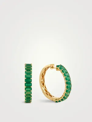 18K Gold Eternity Hoop Earrings With Emerald