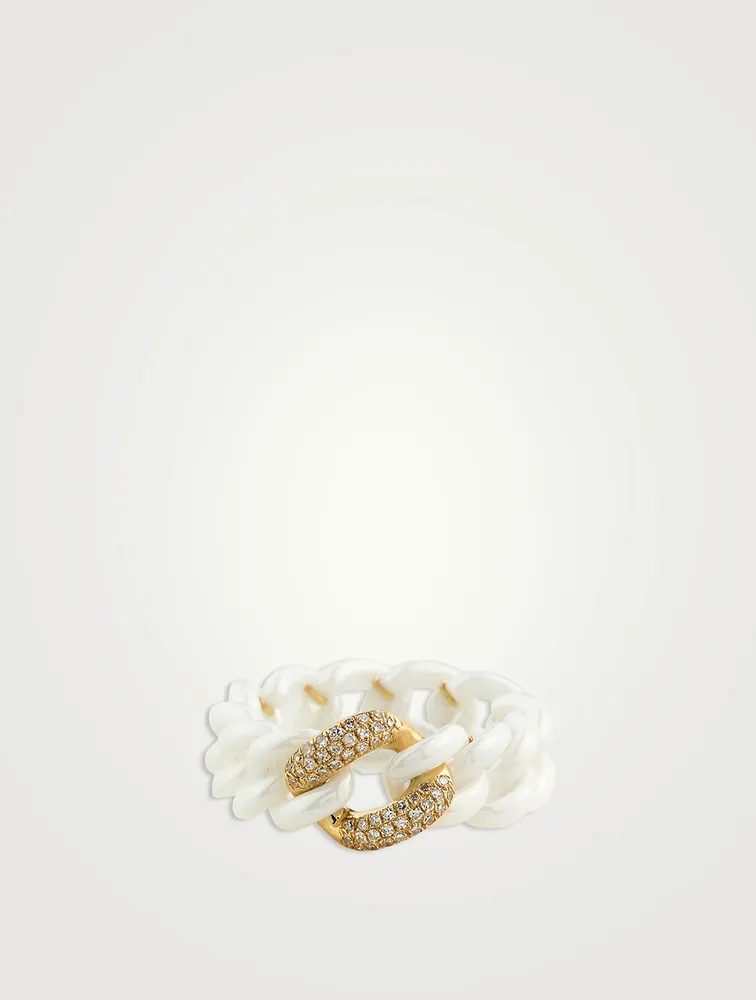Medium 18K Gold And Ceramic Link Ring With Pavé Diamonds