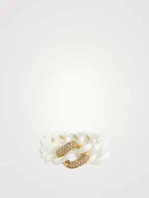 Medium 18K Gold And Ceramic Link Ring With Pavé Diamonds