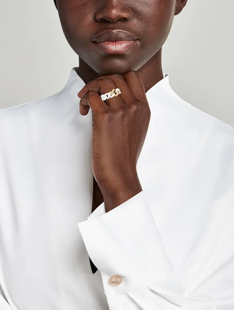 Medium 18K Gold And Ceramic Link Ring With Pavé Diamonds