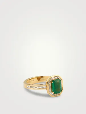 18K Gold Emerald Halo Ring With Diamonds