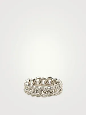 18K White Gold Mini Link Ring With Pave Diamonds