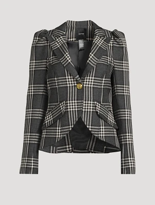 Puff-Sleeve Wool Blazer Plaid Print