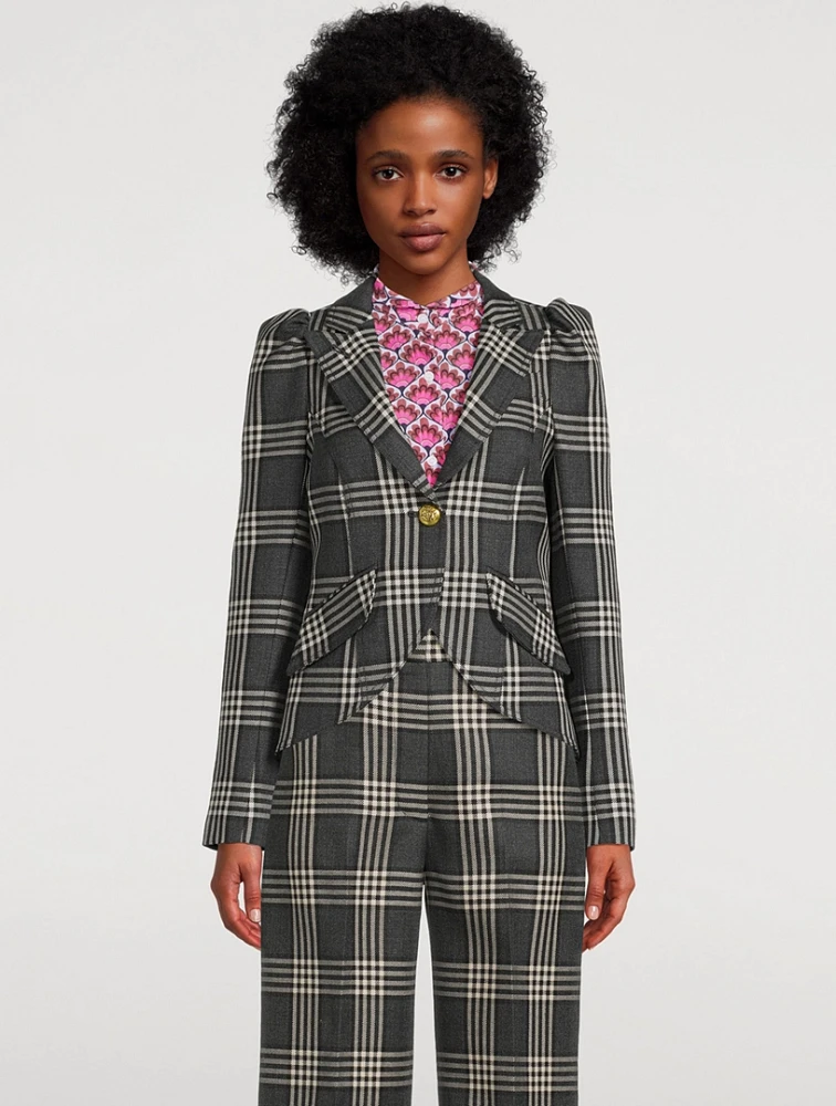 Puff-Sleeve Wool Blazer Plaid Print