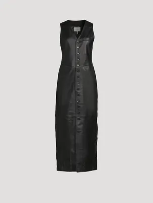 Button-Front Leather Midi Dress