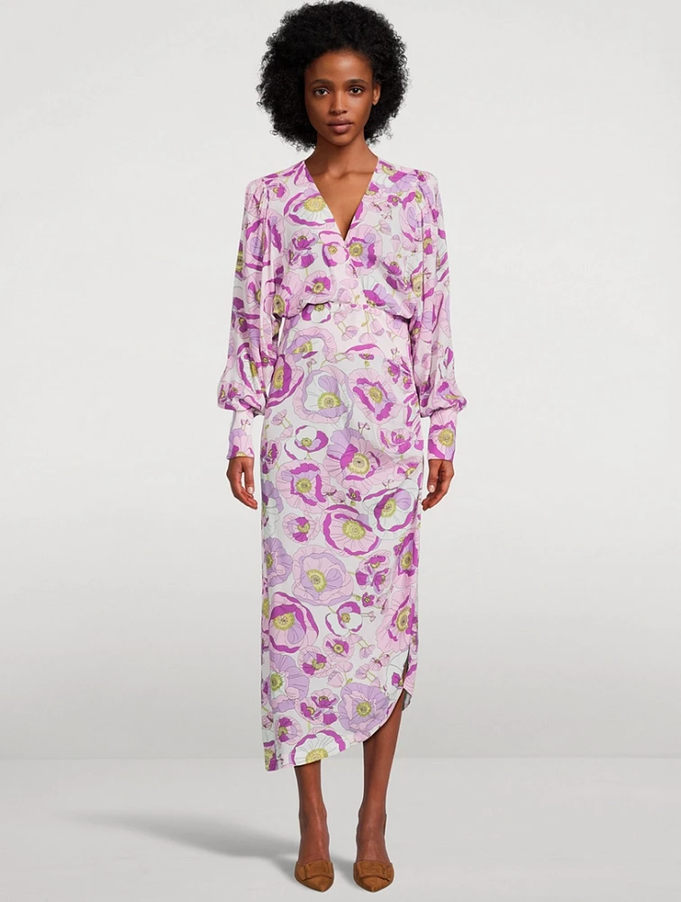 Draped Midi Dress Floral Print