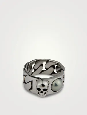 Faux Pearl And Skull Chain Ring