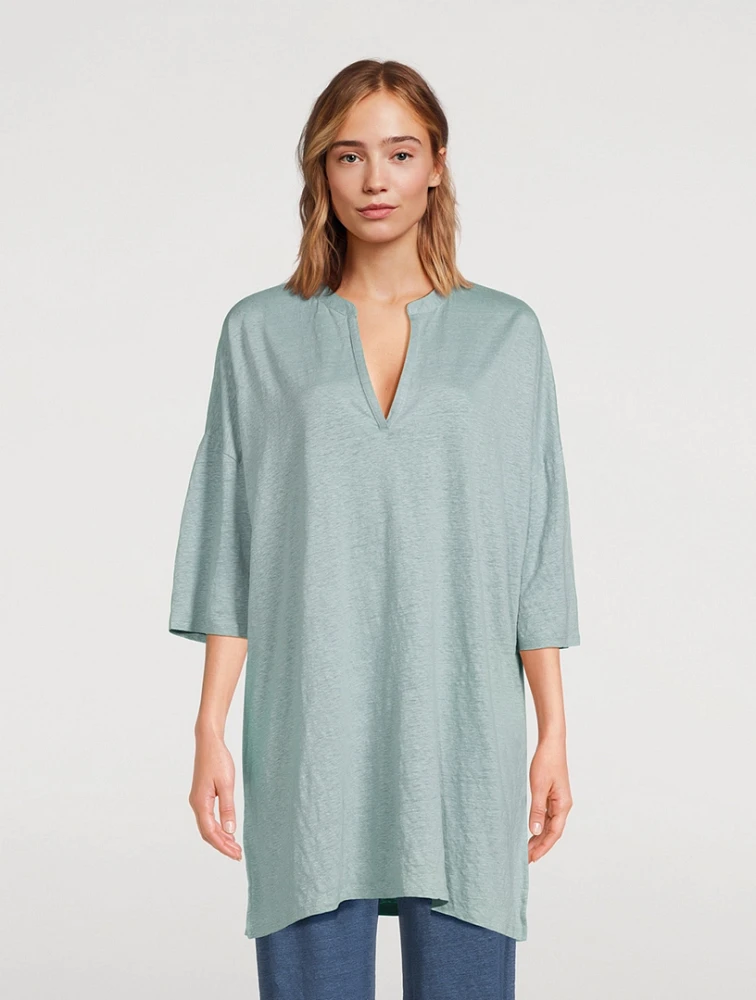 Stretch-Linen Three-Quarter-Sleeve Dress