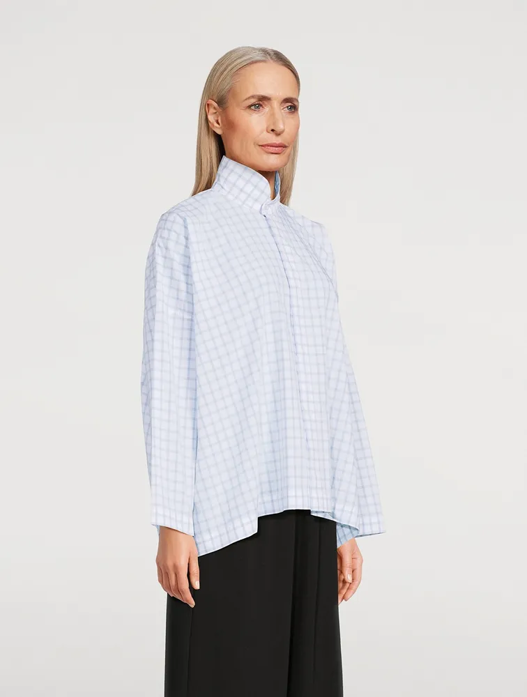 Double Stand Collar Shirt Box Check Print